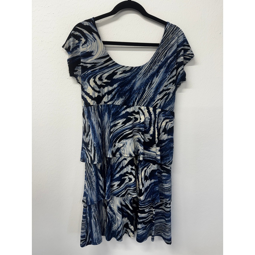 Tiana B Blue Black Swirled Marble Empire Waist Cap Sleeve Tiered Dress Sz M - Picture 8 of 11